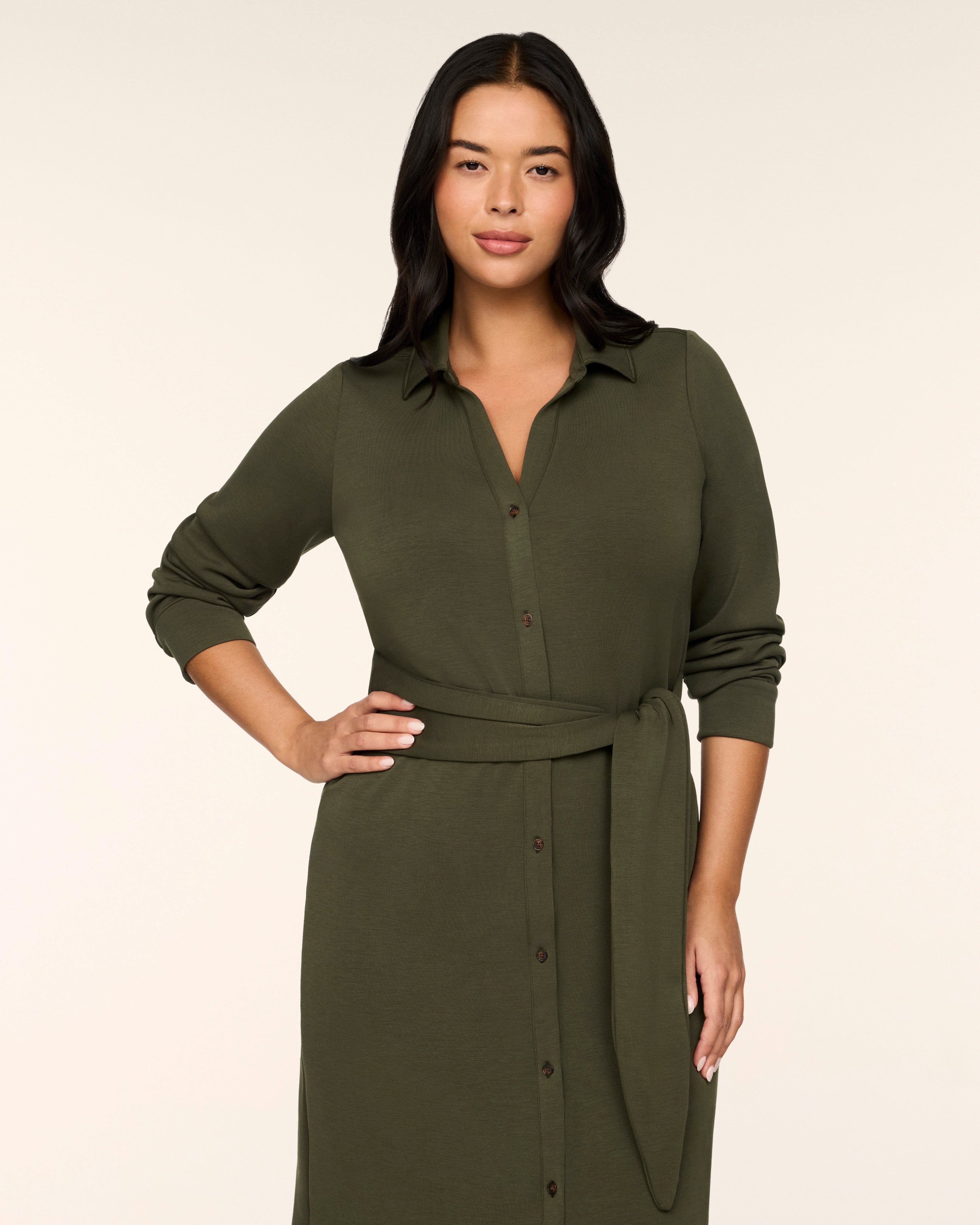 SPANX AirEssentials Tie-Waist Midi Shirt Dress in Monstera green, front close-up showing collared button front and tie belt