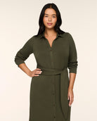 SPANX AirEssentials Tie-Waist Midi Shirt Dress in Monstera green, front close-up showing collared button front and tie belt
