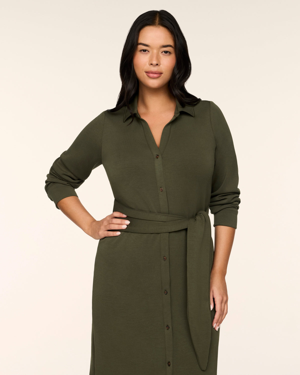 SPANX AirEssentials Tie-Waist Midi Shirt Dress in Monstera green, front close-up showing collared button front and tie belt