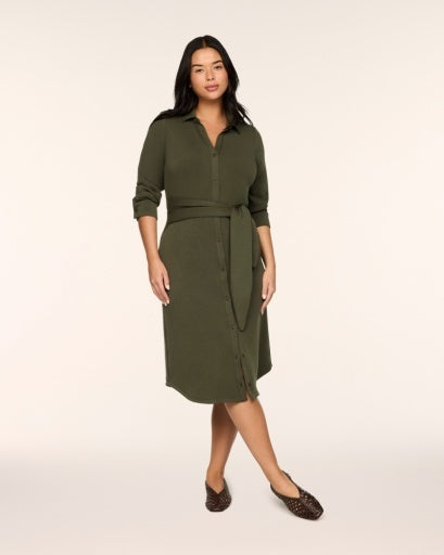 SPANX AirEssentials Tie-Waist Midi Shirt Dress in Monstera green, full-length front view belted with flats