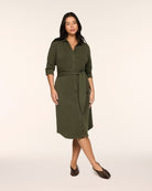 SPANX AirEssentials Tie-Waist Midi Shirt Dress in Monstera green, full-length front view belted with flats
