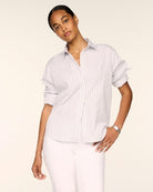 SPANX Poplin Oversized Button-Up Shirt in Dusk Daydream and white stripe, front view with rolled sleeves