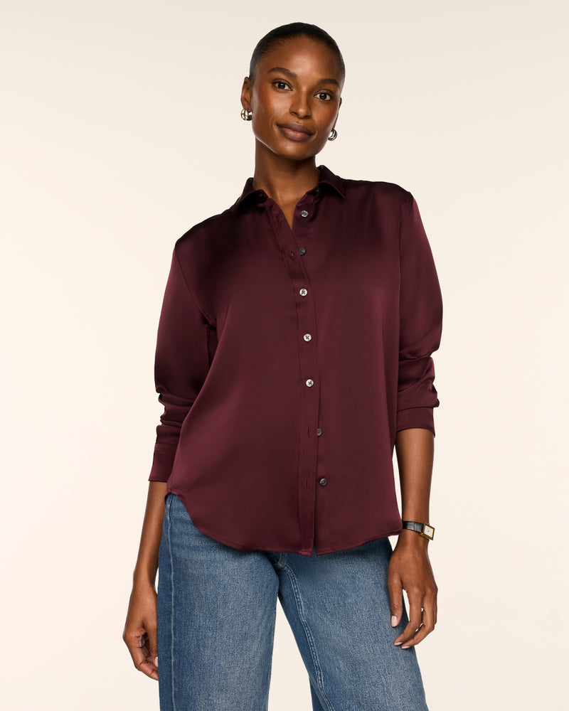 SPANX Silky Smooth Button Down in Fig Noir deep wine, tucked into straight leg jeans, front view