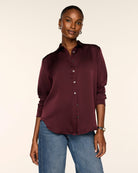 SPANX Silky Smooth Button Down in Fig Noir deep wine, tucked into straight leg jeans, front view