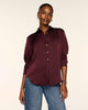 SPANX Silky Smooth Button Down in Fig Noir deep wine, tucked into straight leg jeans, front view