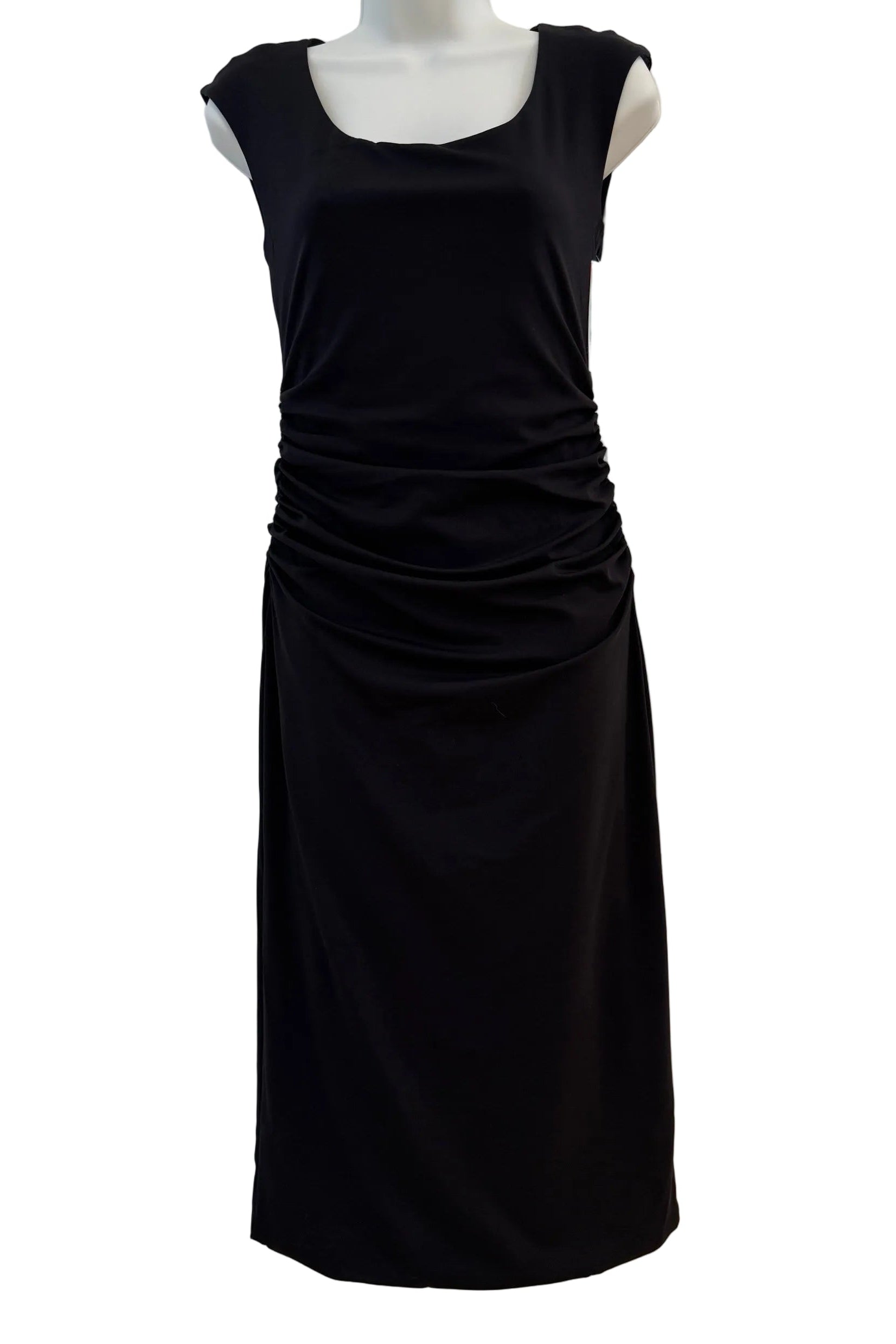 Spanx Spanxsmooth Jersey Ruched Midi Dress in black, fitted midi with ruched sides, front view on mannequin