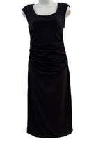 Spanx Spanxsmooth Jersey Ruched Midi Dress in black, fitted midi with ruched sides, front view on mannequin
