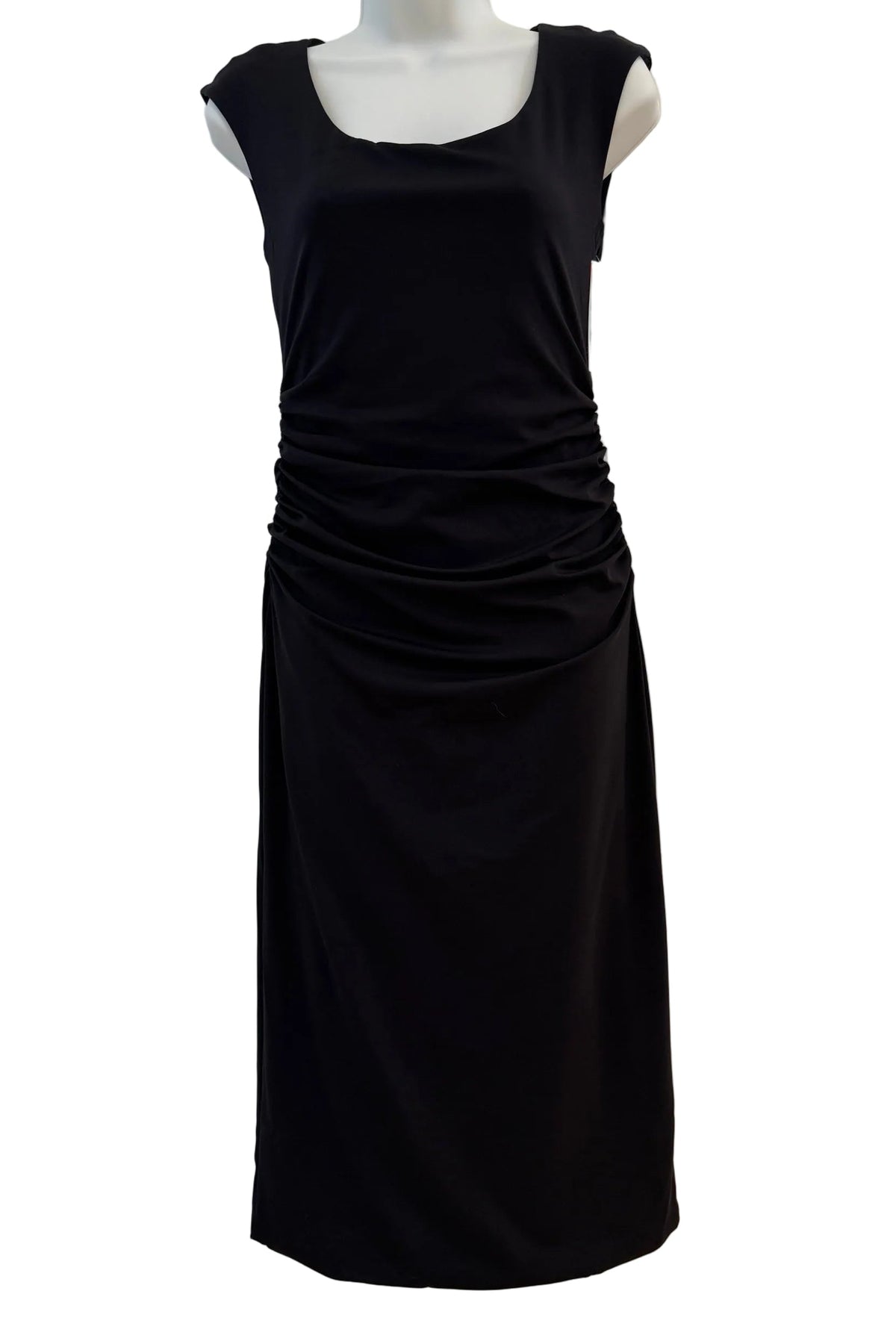 Spanx Spanxsmooth Jersey Ruched Midi Dress in black, fitted midi with ruched sides, front view on mannequin
