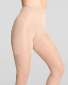 Close-up of SPANXshape Mid-Thigh Sheers in a light nude shade showing the sheer leg and mid-thigh shaper band