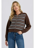 Model wearing the Stitches + Stripes Mael Jacket, zip-front sweater with fair isle stripe front and carob brown sleeves, with jeans