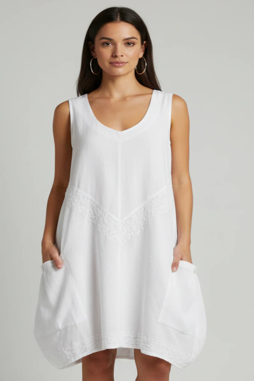 A woman modeling a sleeveless white A-line dress with a scoop neckline, lace trim details, and large front patch pockets, set against a solid light gray background.