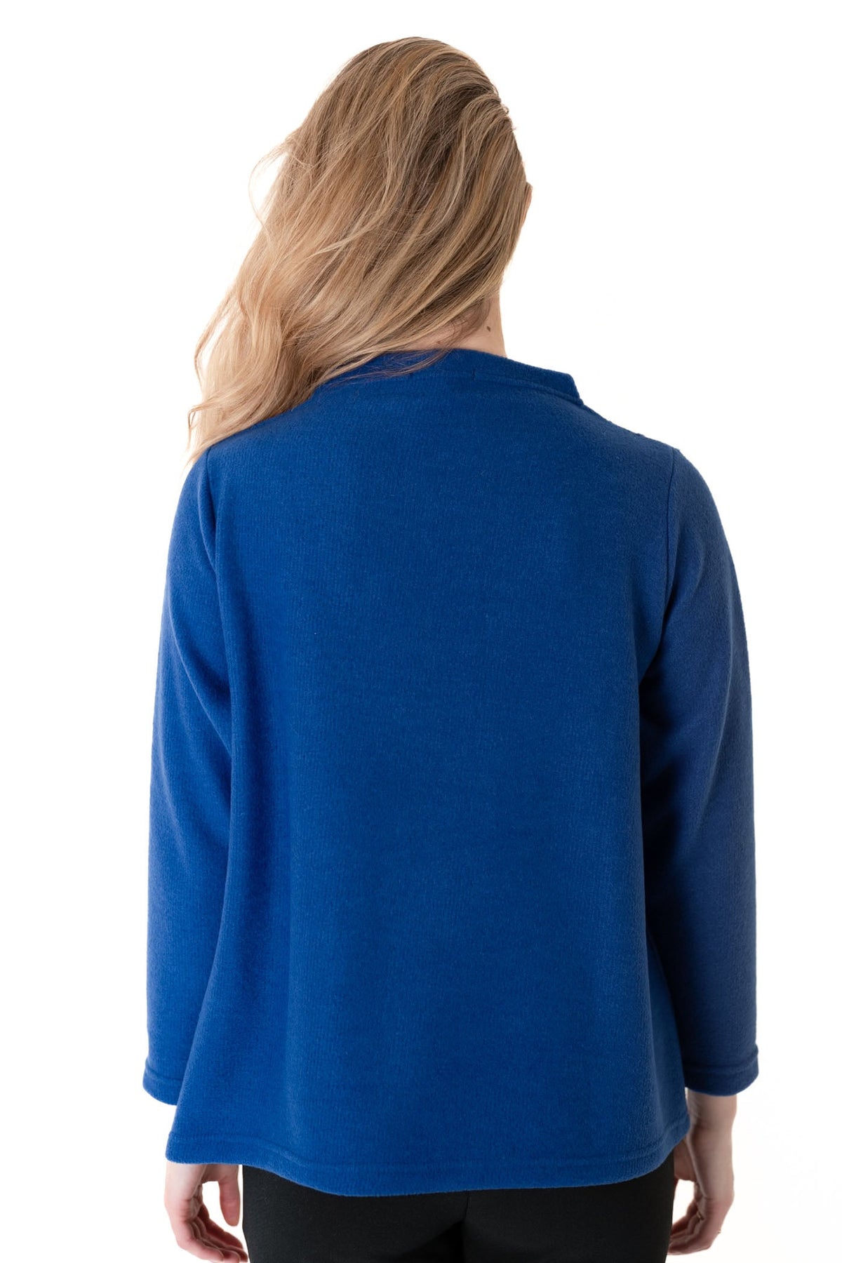 Trisha Tyler Embroidered Plaid Detail Sweater in cobalt blue, back view
