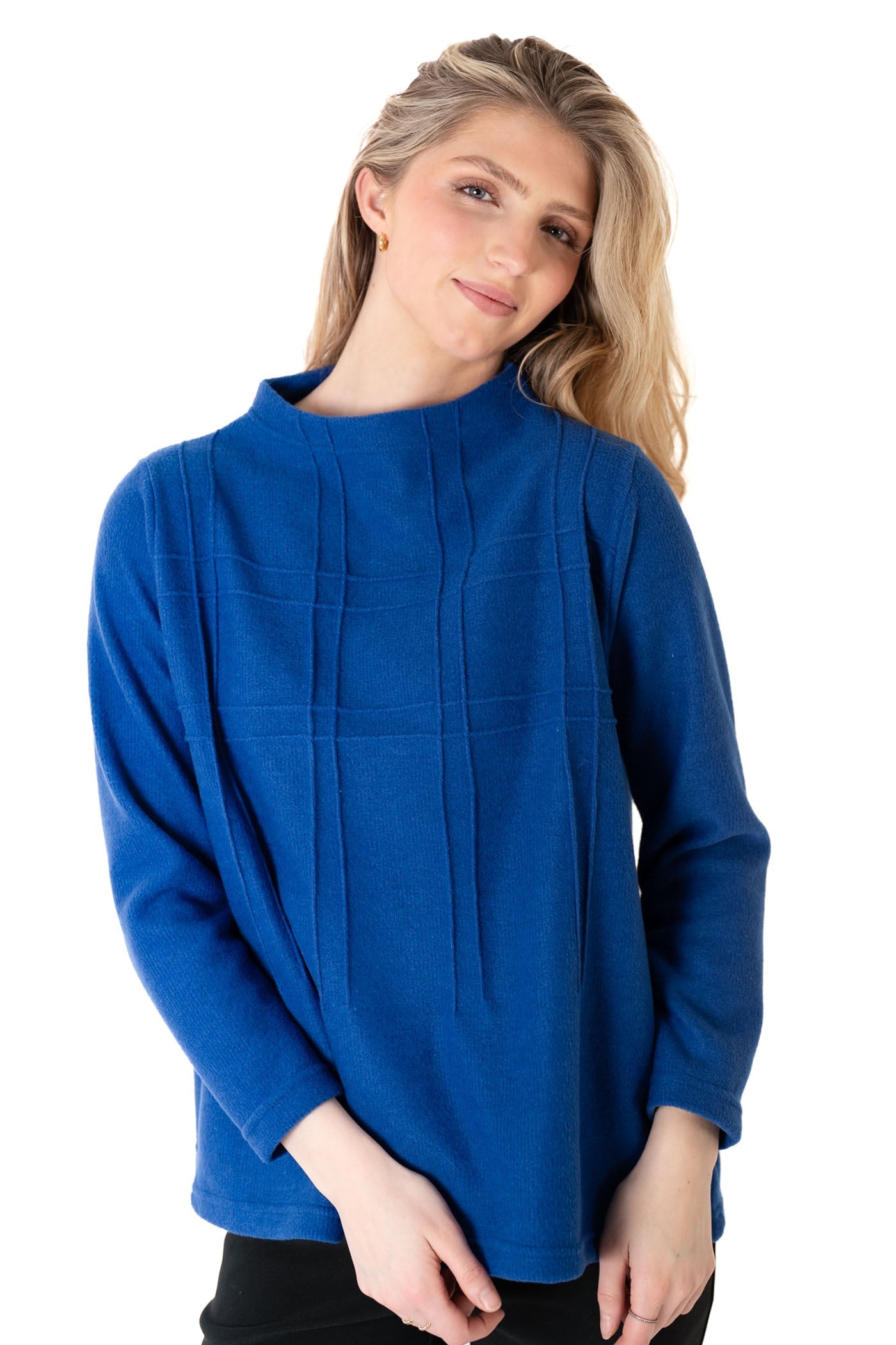 Trisha Tyler Embroidered Plaid Detail Sweater in cobalt blue, front alternate view