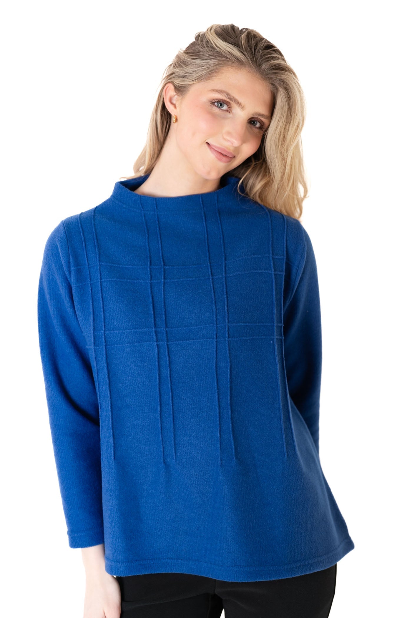 Trisha Tyler Embroidered Plaid Detail Sweater in cobalt blue, front view