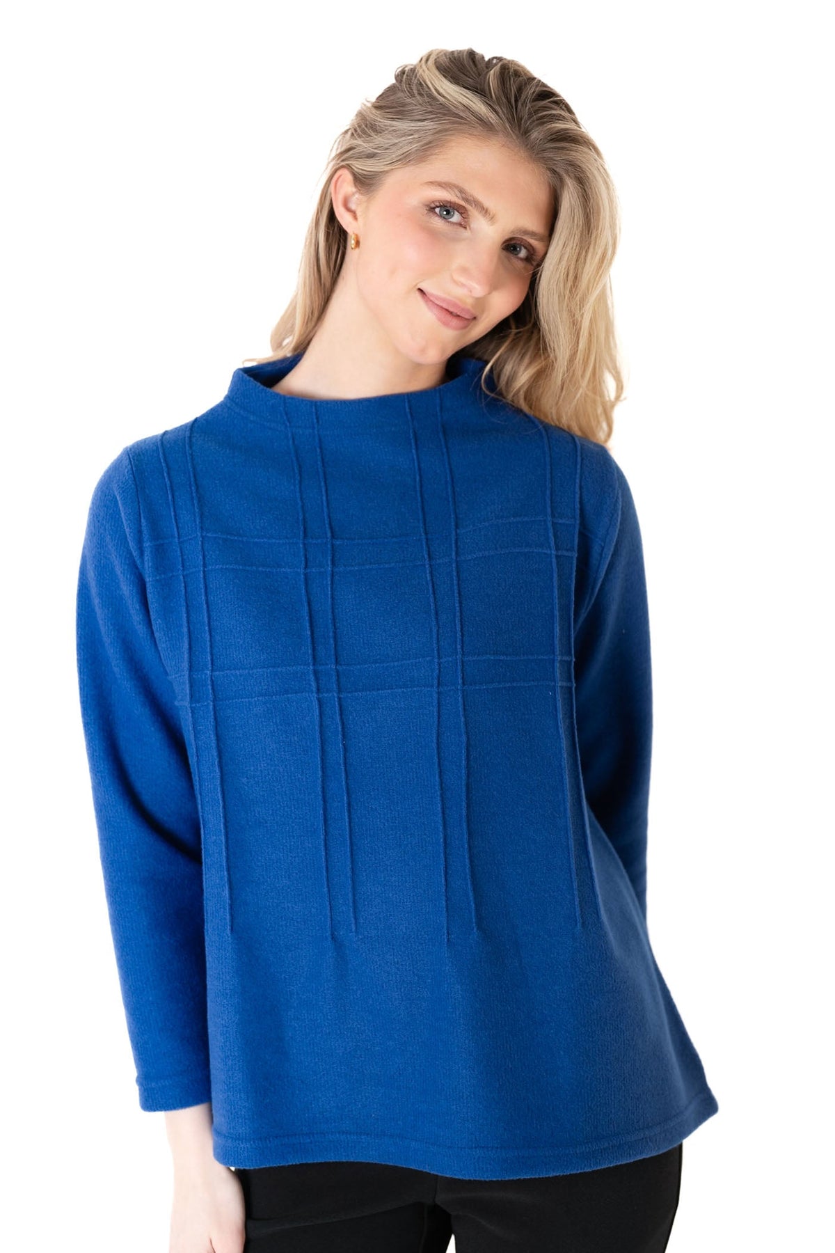 Trisha Tyler Embroidered Plaid Detail Sweater in cobalt blue, front view