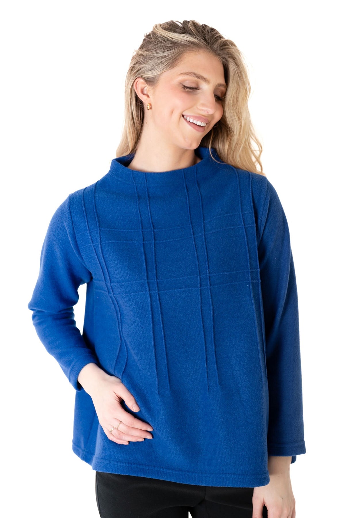 Trisha Tyler Embroidered Plaid Detail Sweater in cobalt blue, side view