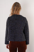 Trisha Tyler Felted Button Front Collarless Coat in navy and black, back view