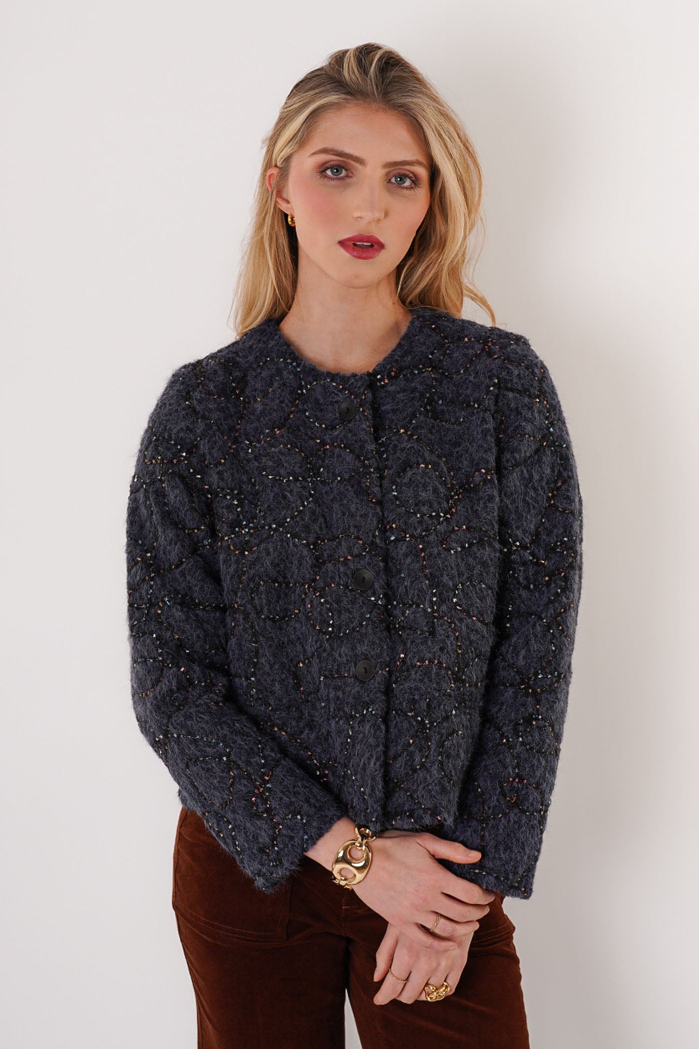 Trisha Tyler Felted Button Front Collarless Coat in navy and black, front alternate view