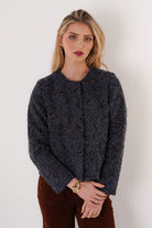 Trisha Tyler Felted Button Front Collarless Coat in navy and black, front alternate view