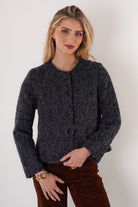 Trisha Tyler Felted Button Front Collarless Coat in navy and black, front view