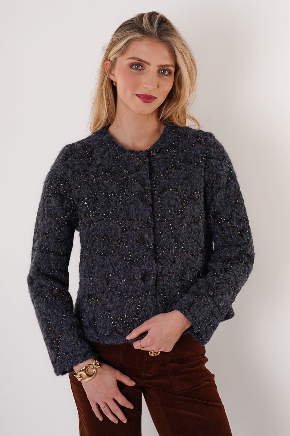 Trisha Tyler Felted Button Front Collarless Coat in navy and black, front view
