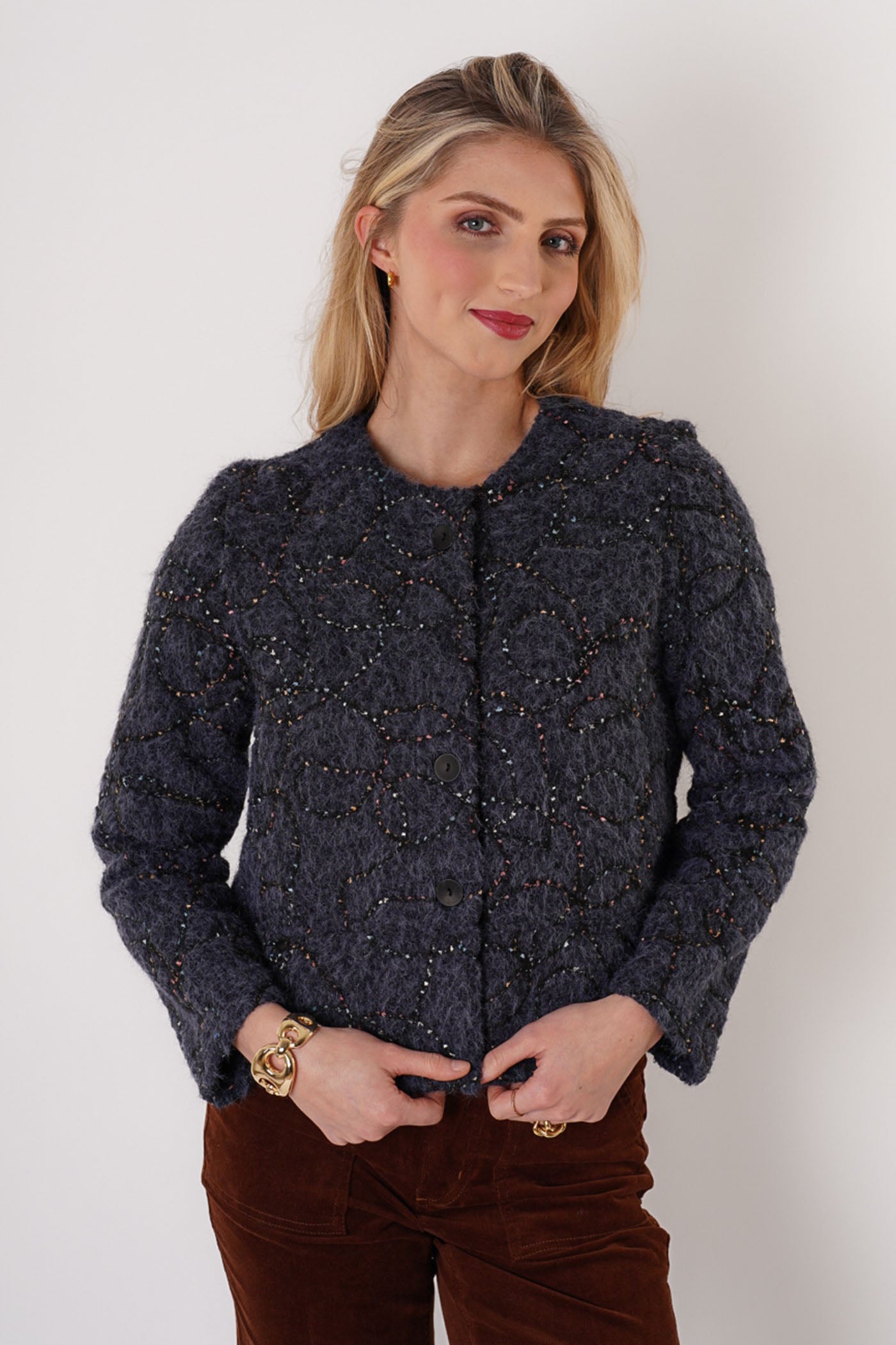 Trisha Tyler Felted Button Front Collarless Coat in navy and black, side view