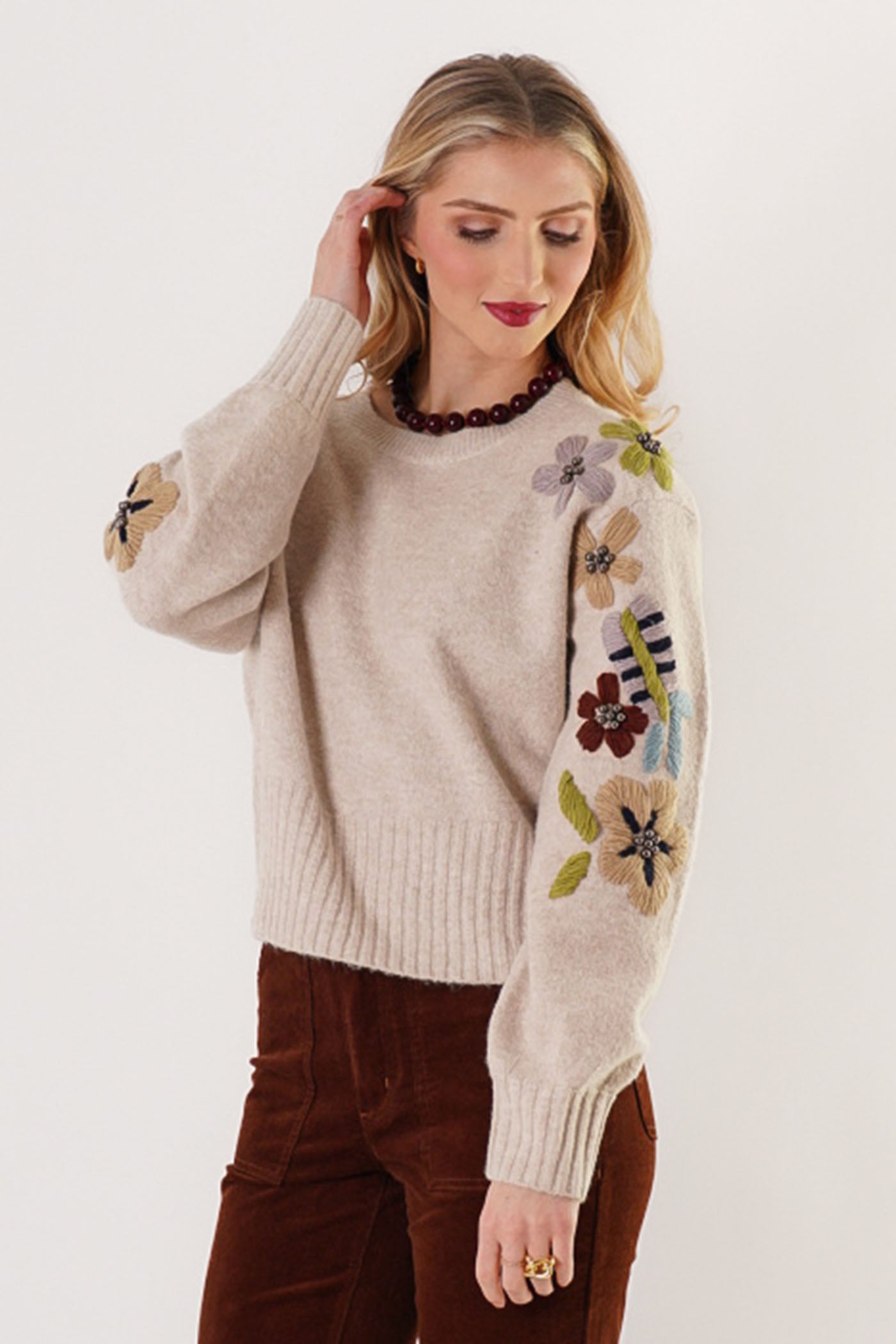 Trisha Tyler Floral Embroidered Crewneck in ivory, front alternate view