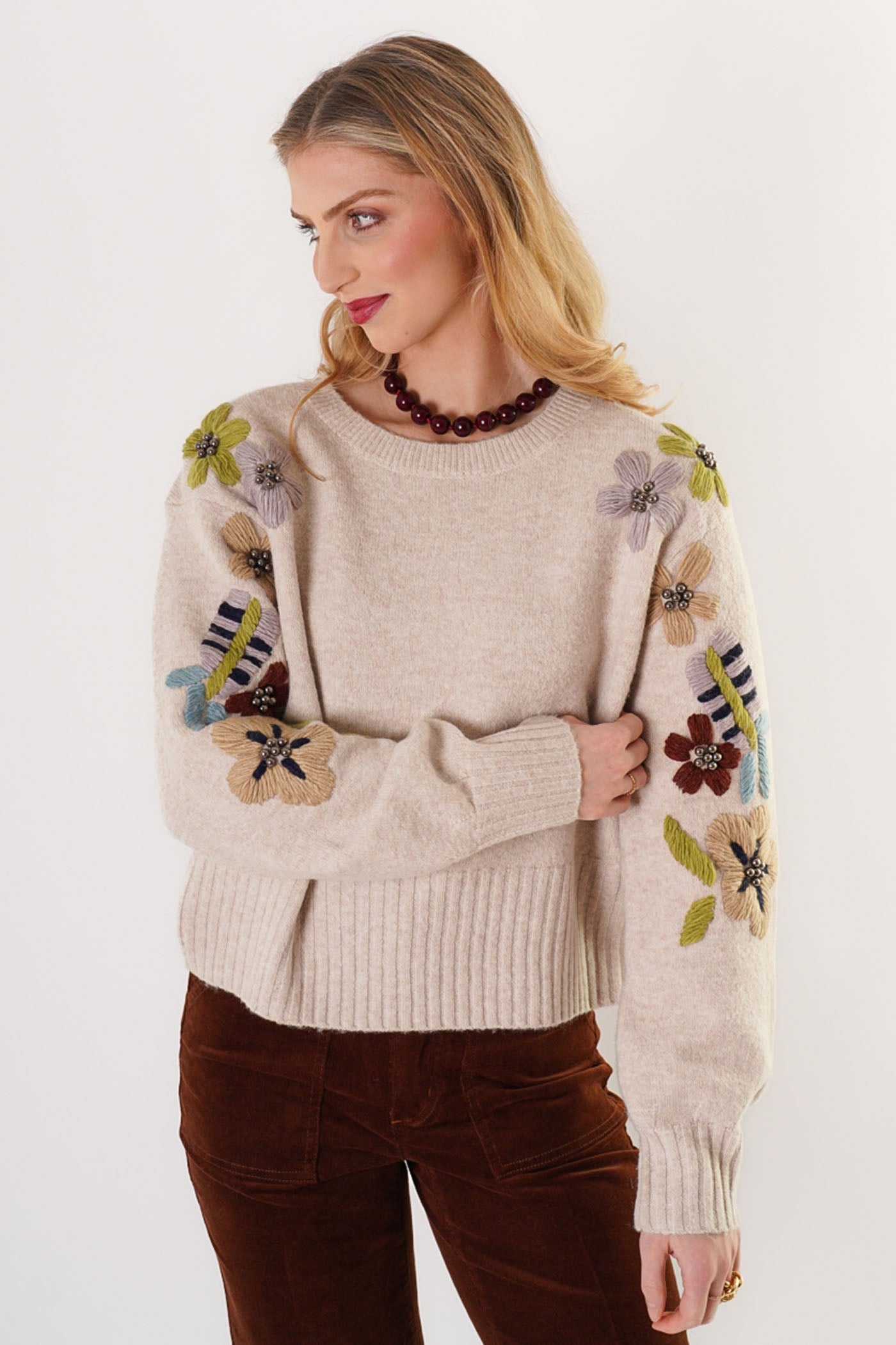 Trisha Tyler Floral Embroidered Crewneck in ivory, side view