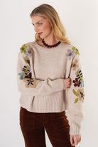 Trisha Tyler Floral Embroidered Crewneck in ivory, side view