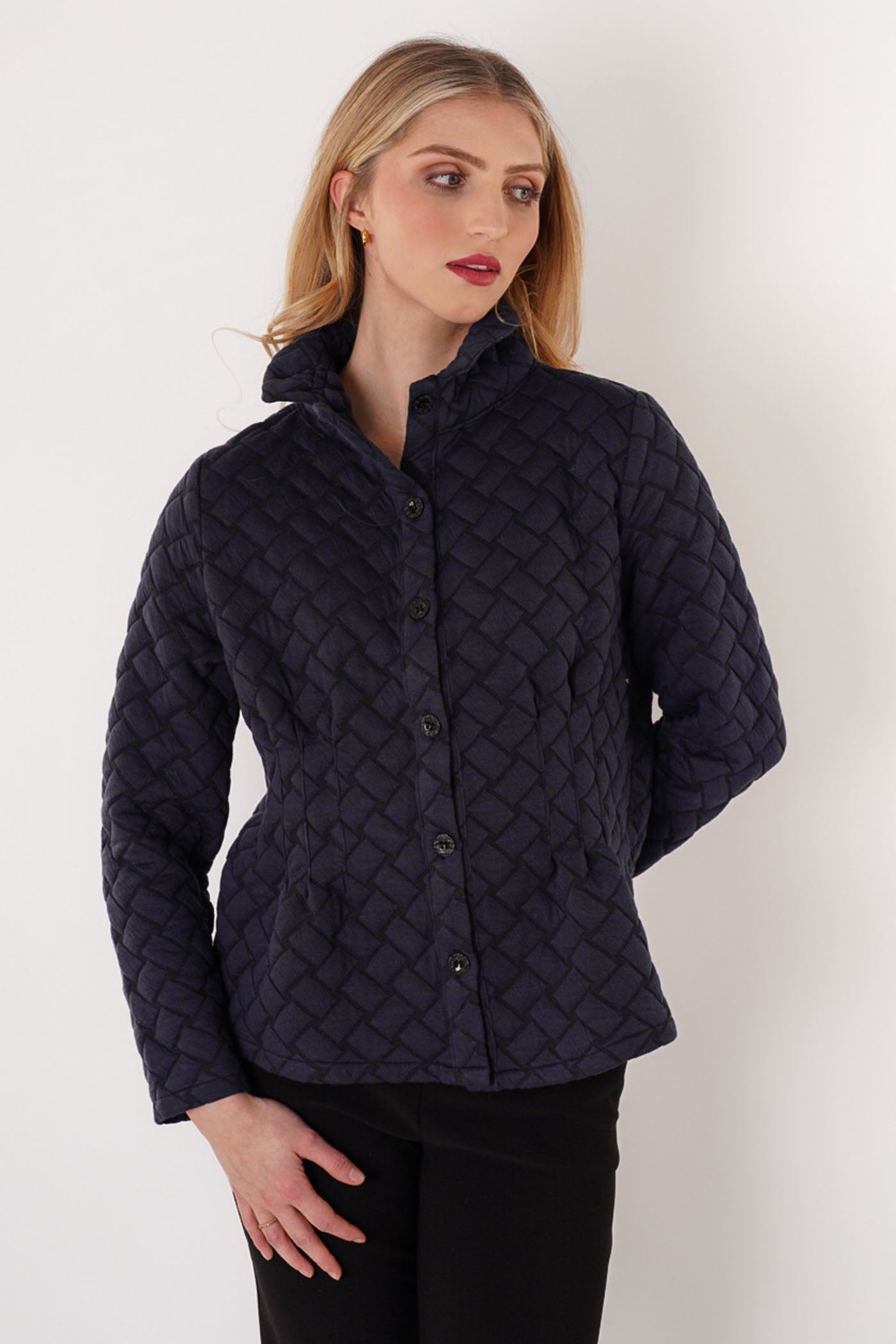 Trisha Tyler Quilted Button Down Jacket in navy, front alternate view