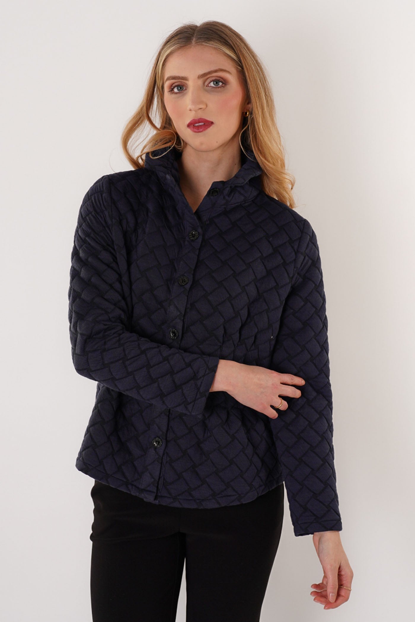 Trisha Tyler Quilted Button Down Jacket in navy, front view