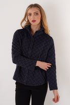 Trisha Tyler Quilted Button Down Jacket in navy, front view
