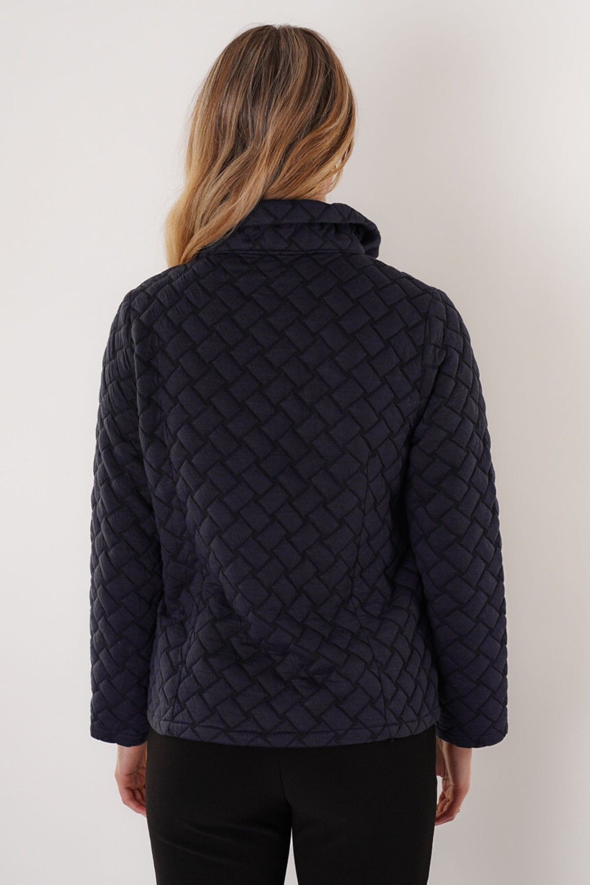 Trisha Tyler Quilted Button Down Jacket in navy, side view