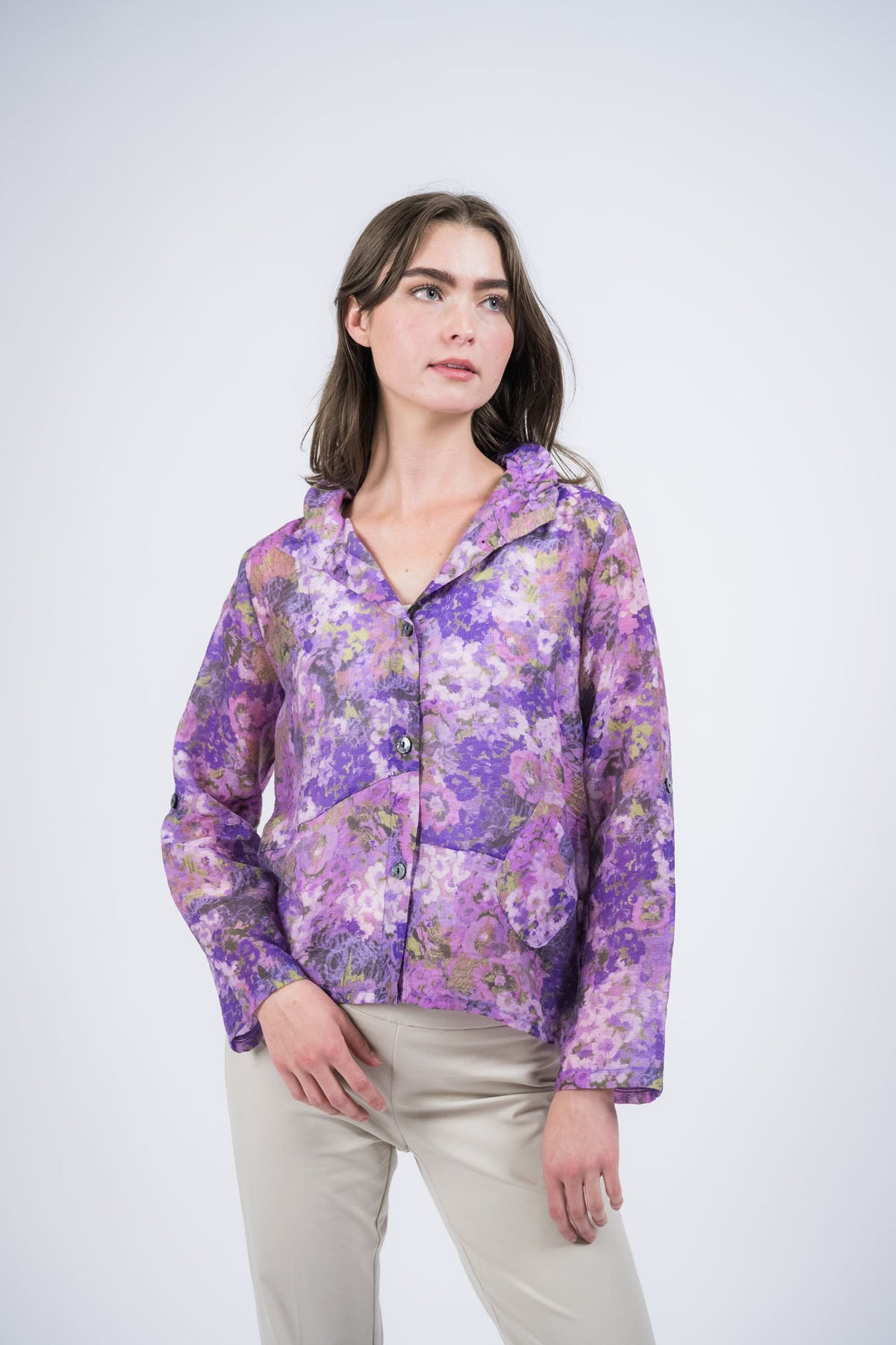 Trisha Tyler Short Wire Collar Button Jacket in purple print, front alternate view