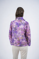 Trisha Tyler Short Wire Collar Button Jacket in purple print, side view