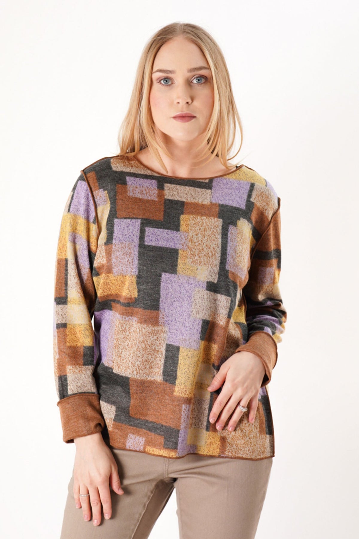 Trisha Tyler Sketch Block Reversible Crewneck Sweater in orange multi, front alternate view