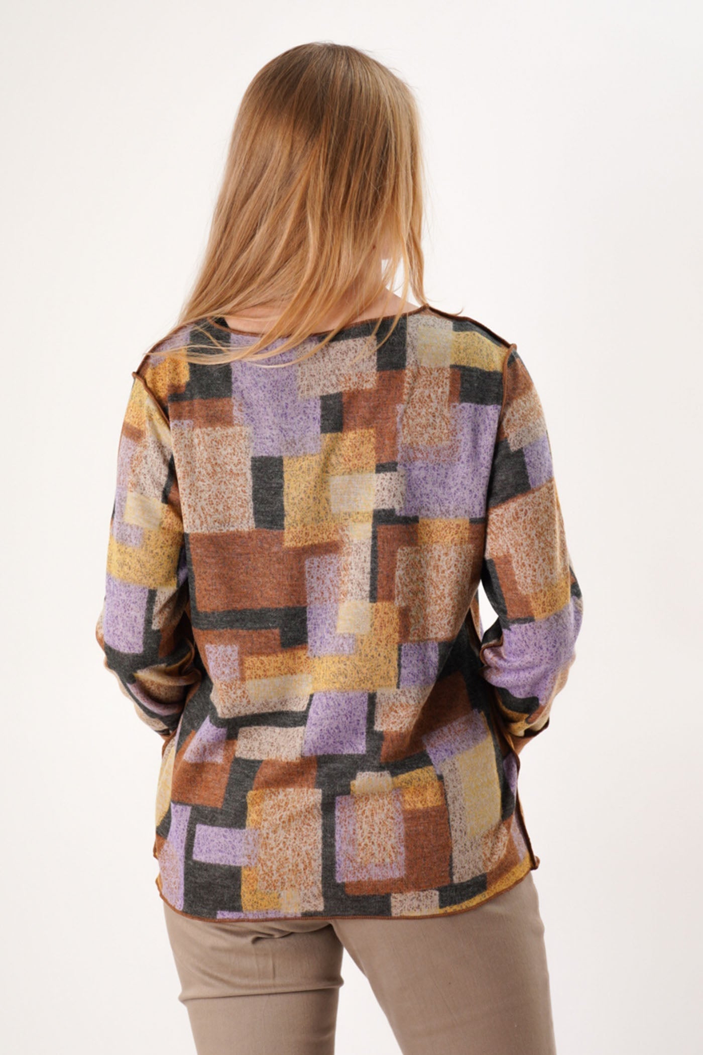 Trisha Tyler Sketch Block Reversible Crewneck Sweater in orange multi, side view