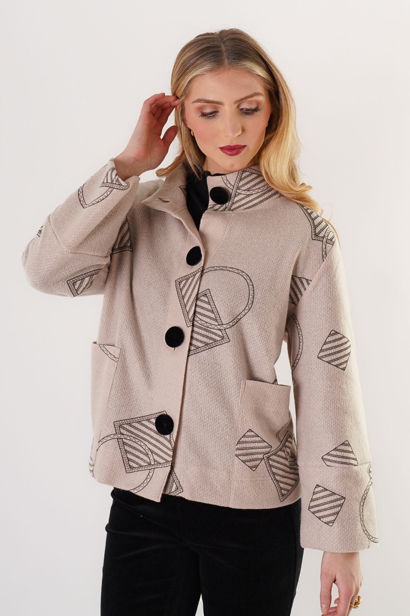 Trisha Tyler Velvet Button Coat in ecru, front alternate view