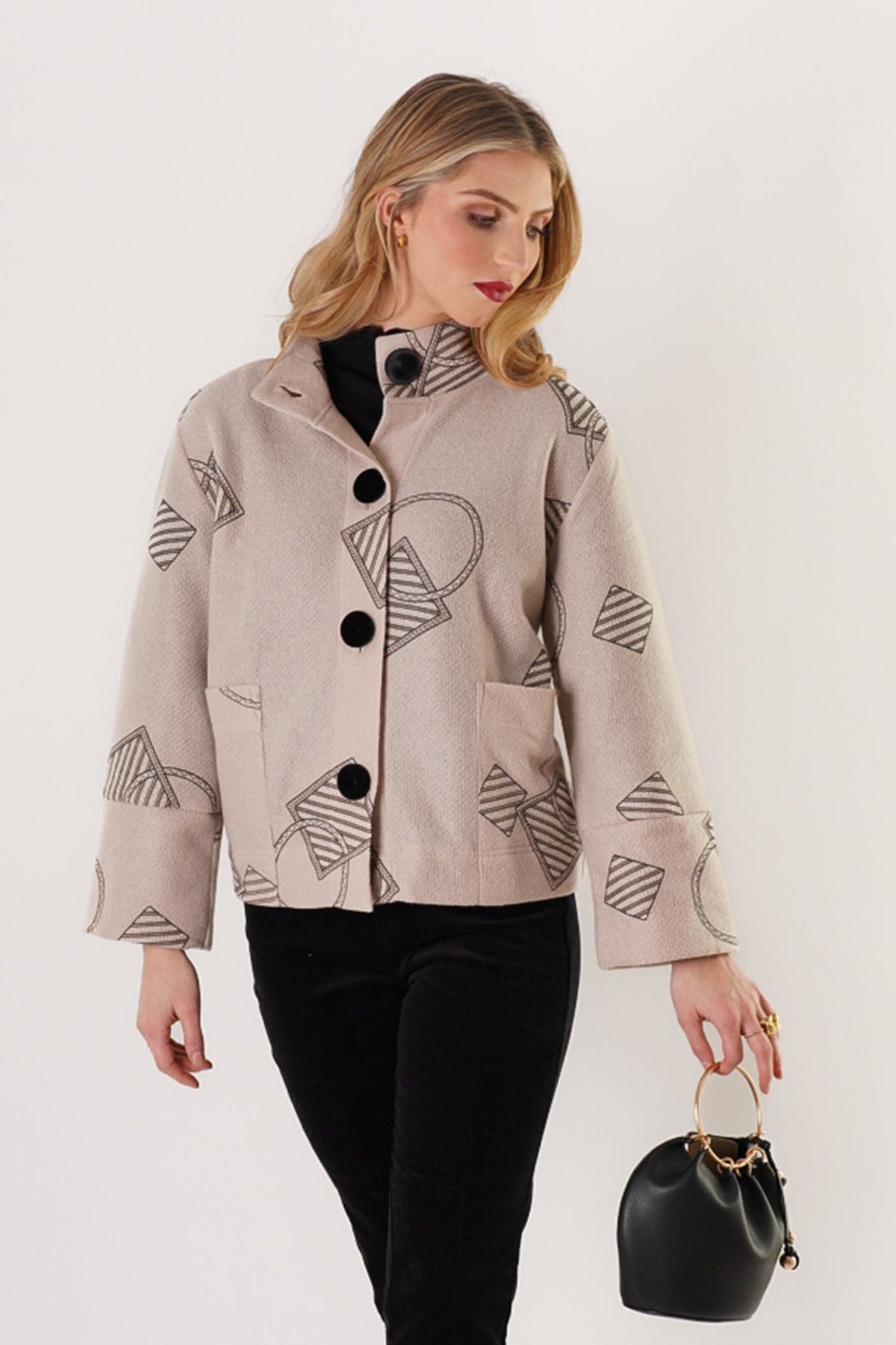 Trisha Tyler Velvet Button Coat in ecru, side view