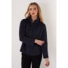 Model wearing the Trisha Tyler Quilted Button Down Jacket in Navy, a long-sleeve button-front jacket with a stand collar