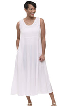 Tulip Clothing Amira Dress in white cotton gauze, sleeveless round-neck relaxed maxi with side pockets, front view
