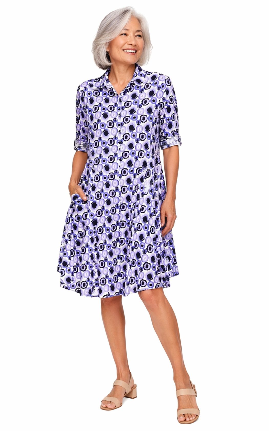 Tulip Clothing Collins Dress in periwinkle with navy and white Iris Poppers print, button-front shirtdress, front view