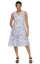 Tulip Clothing Women's Poppie Dress in Blue Unity, woman wearing a sleeveless V-neck midi dress with a white background and blue and black circle print, paired with black sandals, on a white background