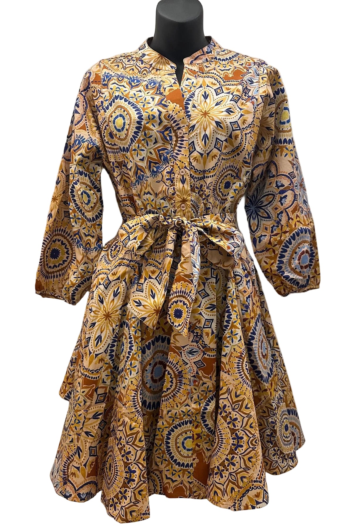 Tyler Boe Gabriella Cotton Dress in gold and navy medallion print, tie waist, gathered sleeves, fit-and-flare silhouette, front view