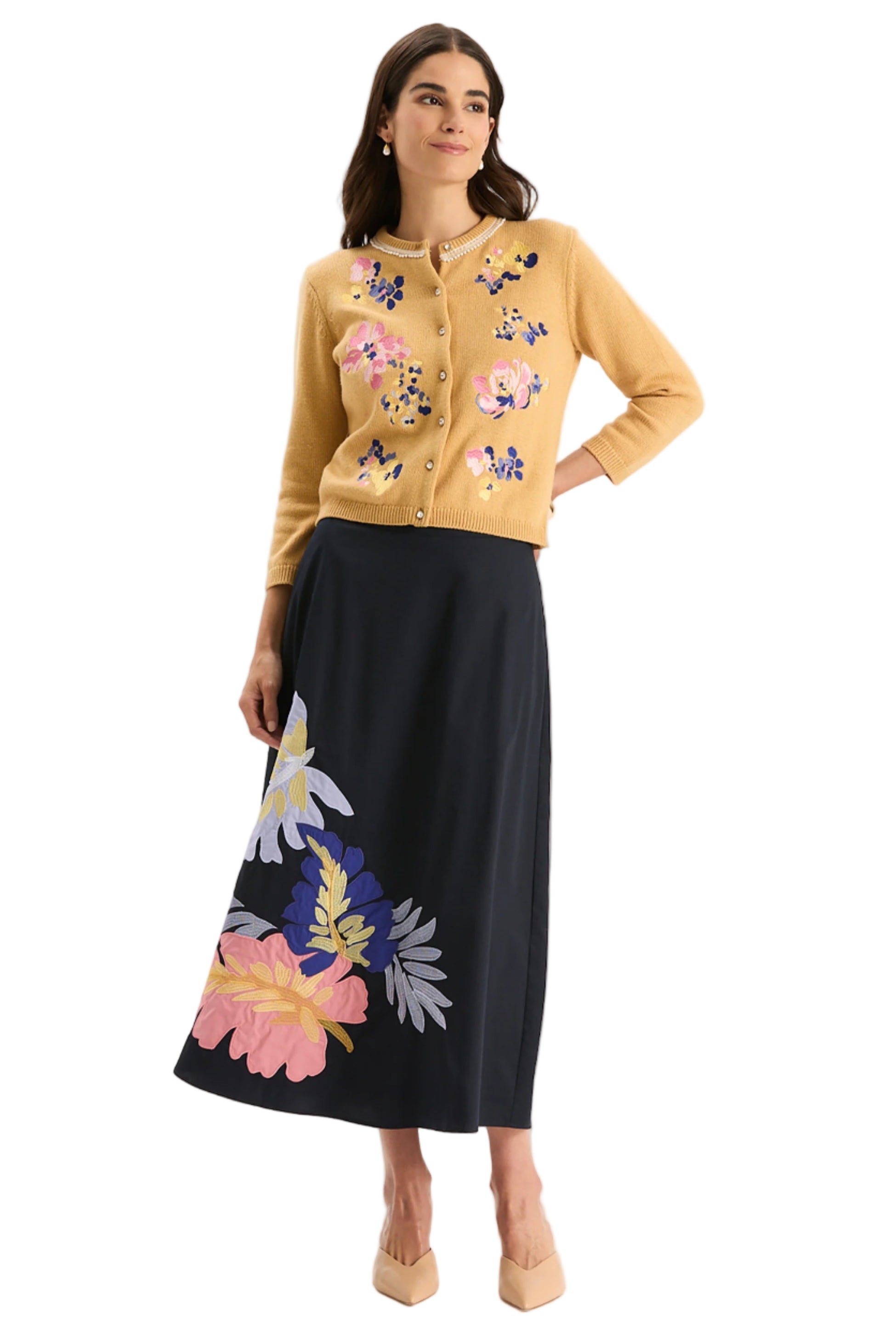 Tyler Boe Valentina Applique Skirt in navy with floral applique, A-line midi, front view