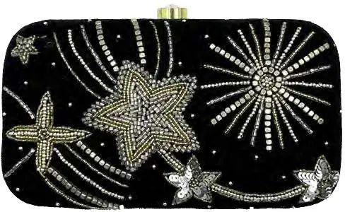 A black velvet evening clutch bag decorated with intricate silver and gold beaded starburst, star, and firework patterns, featuring a small gold clasp at the top.