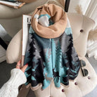 Winding River Cozy Cashmere Feel Travel Mountain Reversible Shawl with sky blue and black pine tree mountain print and tan reverse side