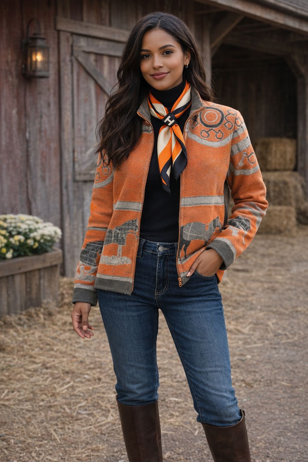 Winding River Gallop Zipper Sweater in burnt orange with gray galloping horse motifs, worn with jeans and brown riding boots
