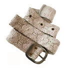 beige wool belt with a metal buckle on a white background